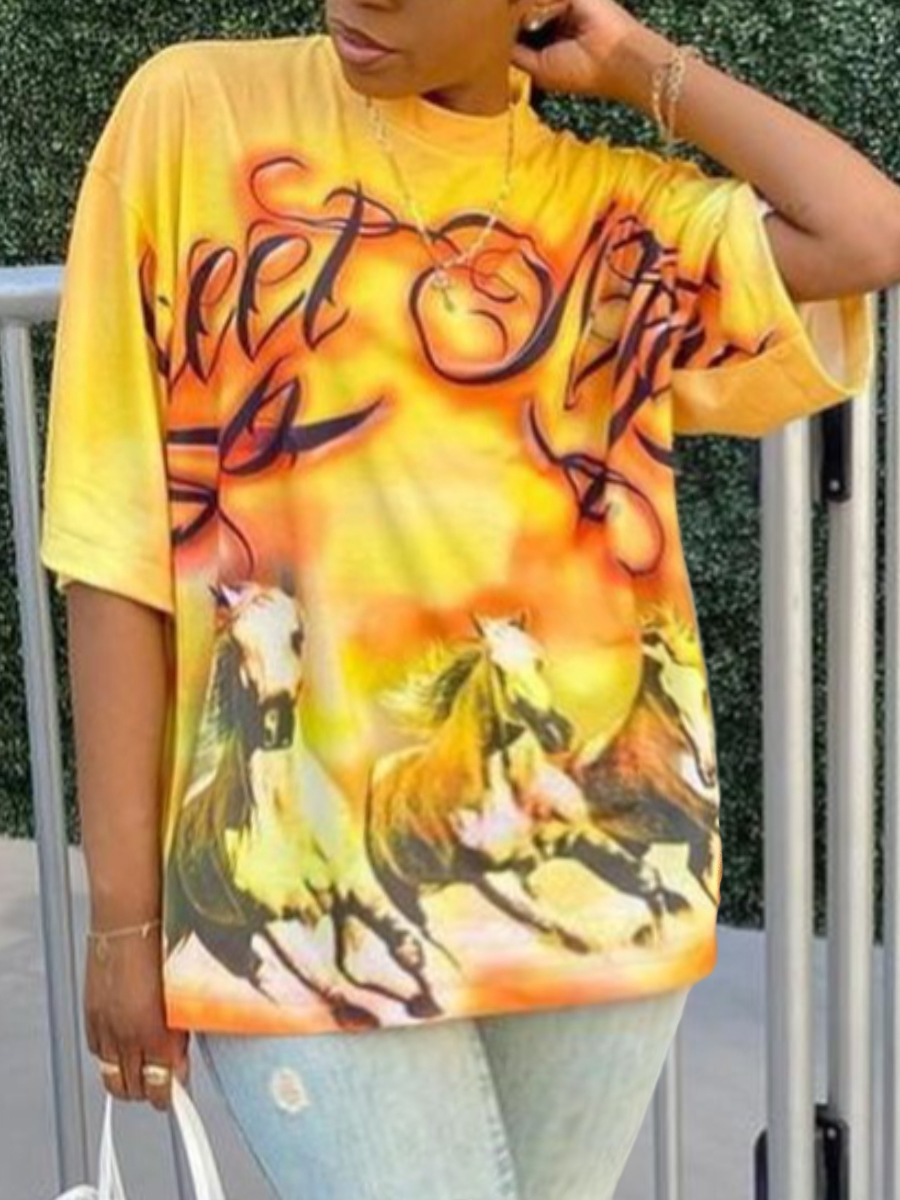 

Lovely Plus Size Casual Animal Print Tie-dye Yellow T-shirt
