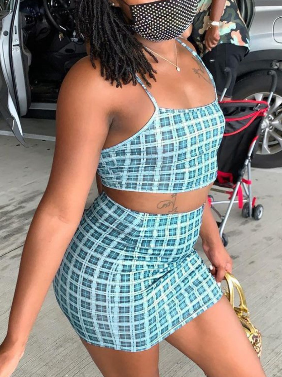 

LW Casual Plaid Print Skinny Blue Two Piece Skirt Set