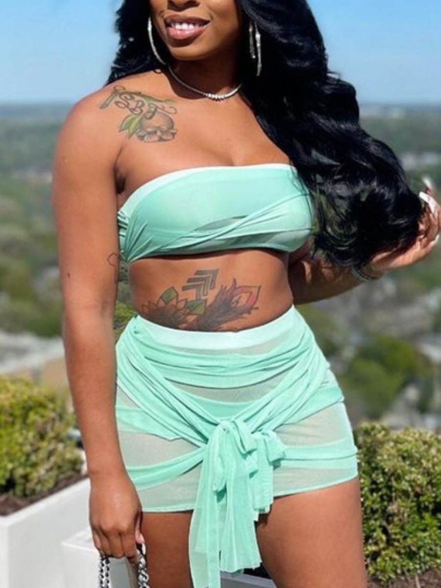 

LW Sexy Bandage Design See-through Green Two Piece Skirt Set