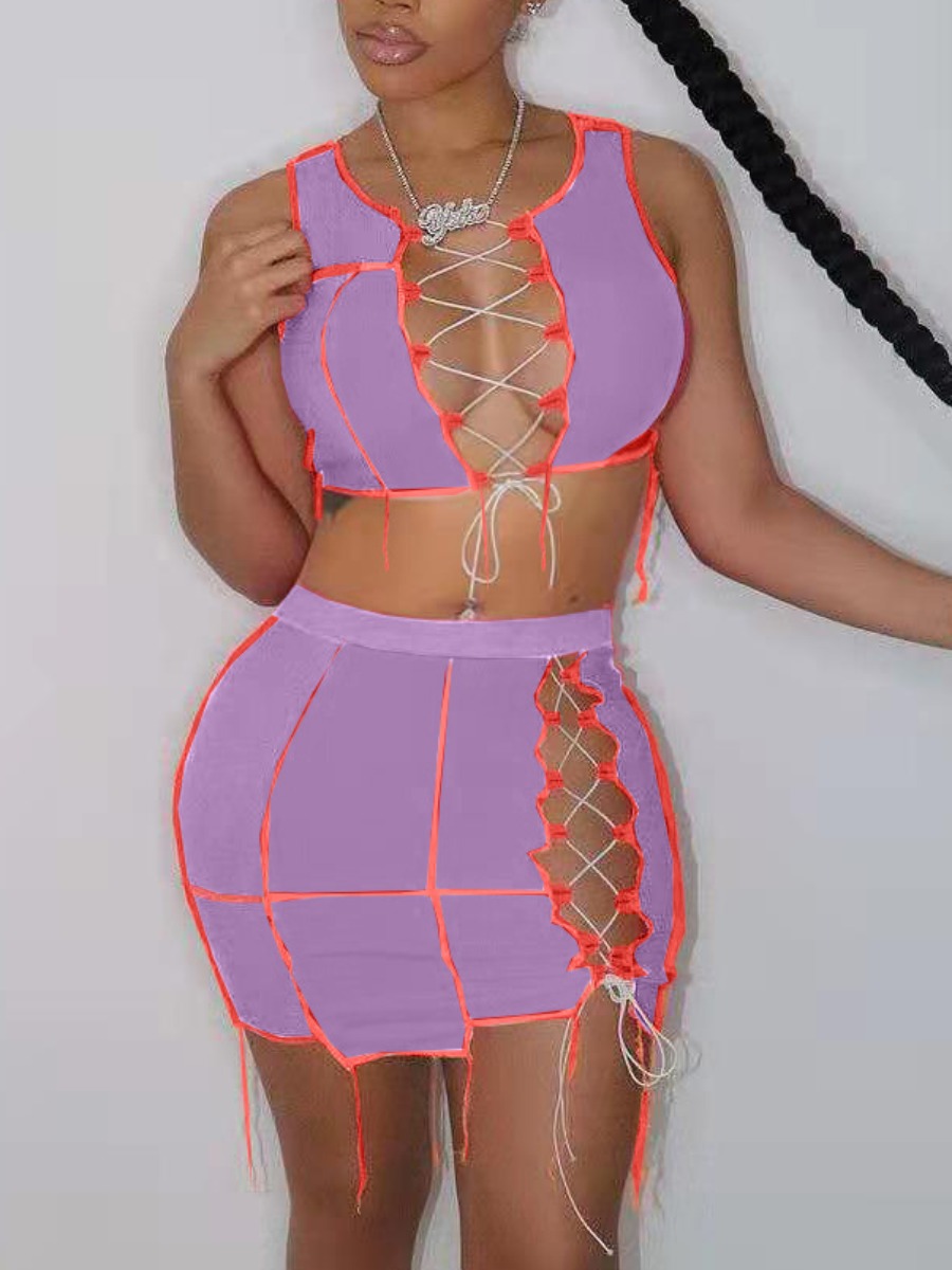 

Lovely Sexy Bandage Hollow-out Design Purple Two Piece Skirt Set