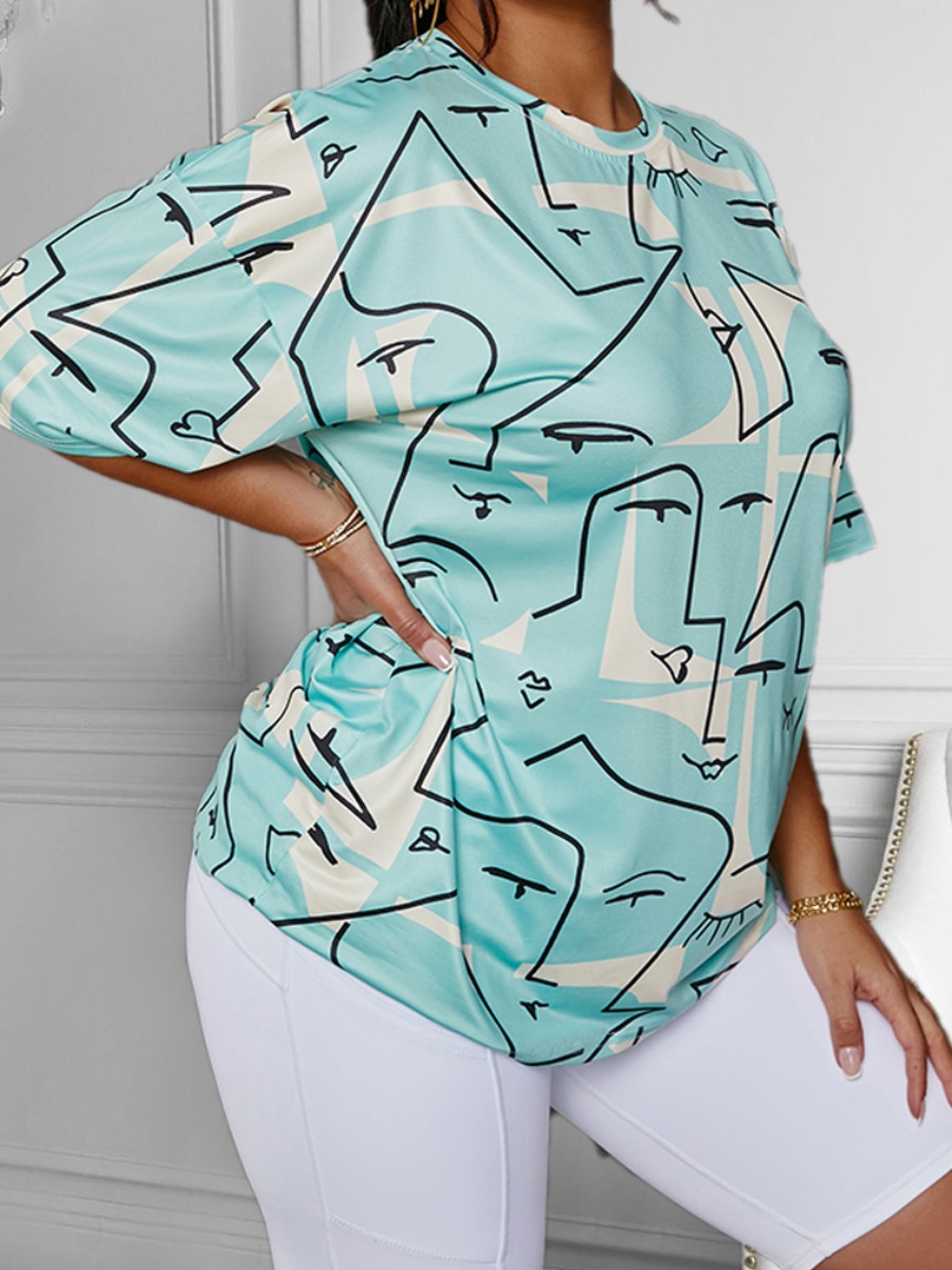 

Lovely Plus Size Casual Dropped Shoulder Geometric Print Blue T-shirt