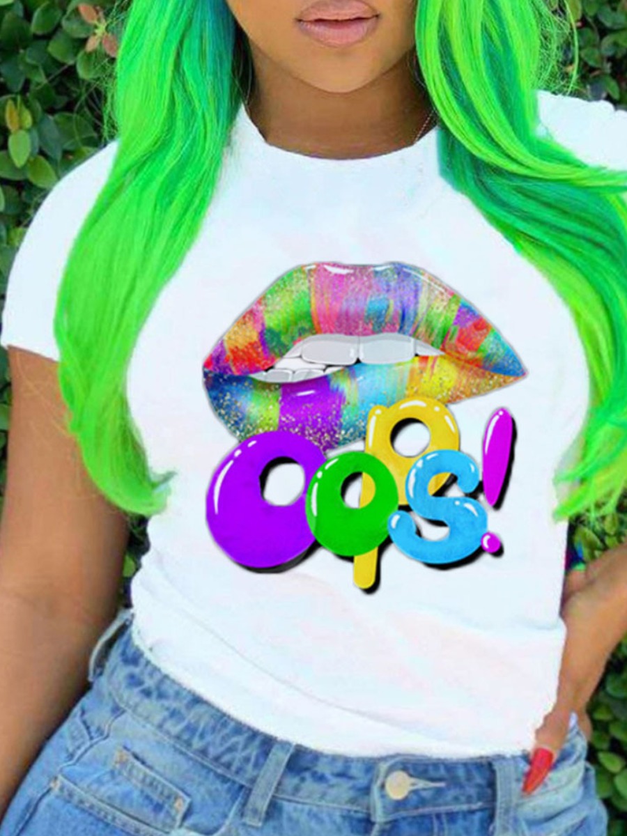 

Lovely Plus Size Casual Lip Letter Print White T-shirt