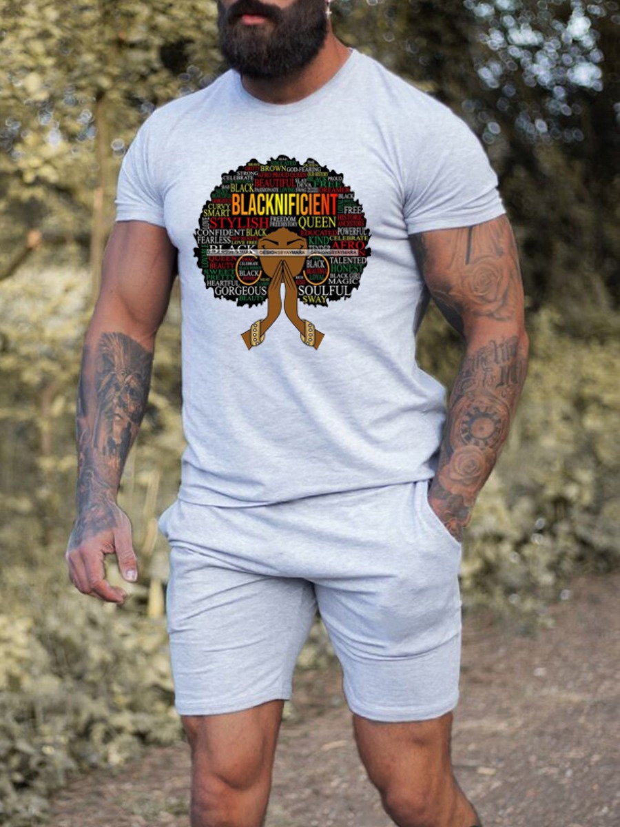 

Lovely Men Street Letter Print Drawstring White Two Piece Shorts Set