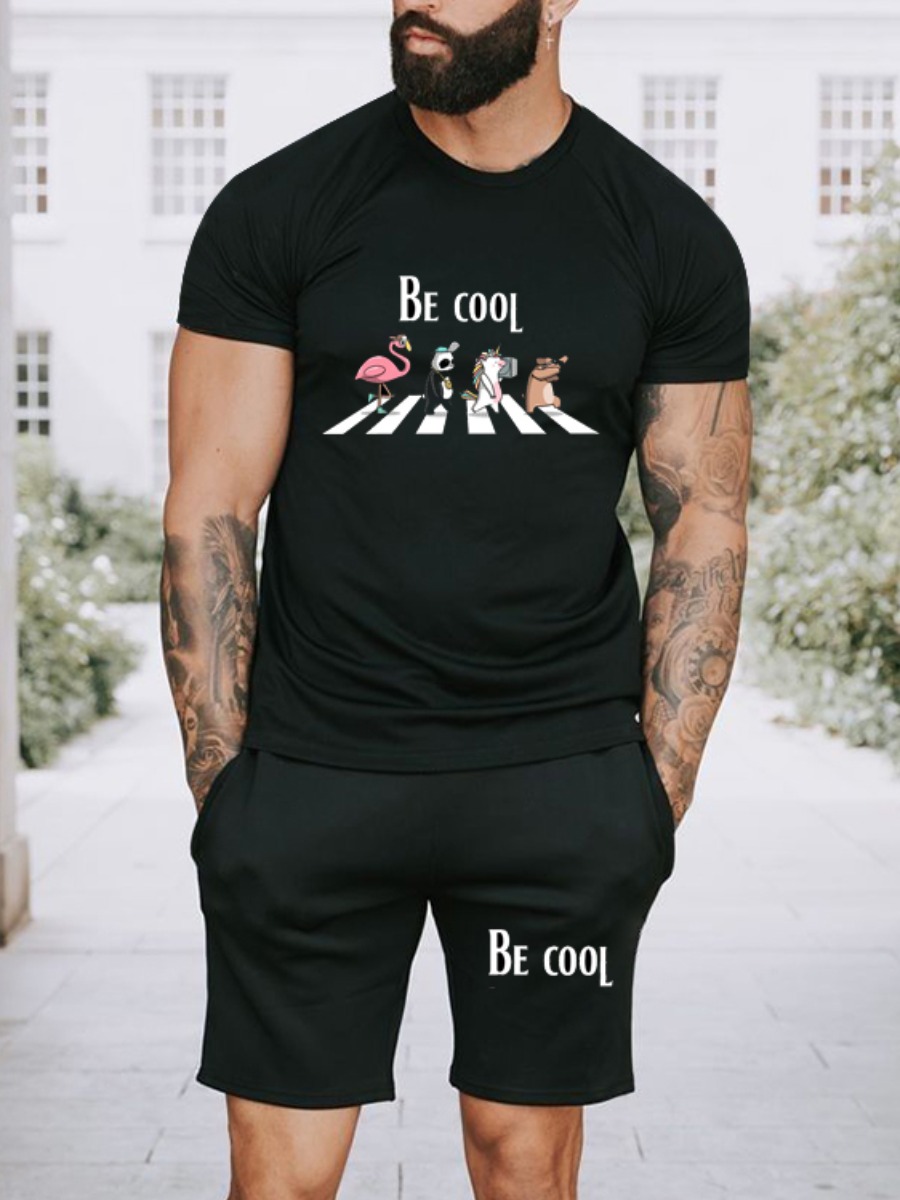 

Lovely Men Casual Animal Letter Print Black Two Piece Shorts Set