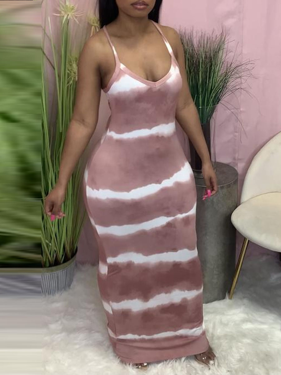 

Lovely Plus Size Street U Neck Tie-dye Pink Ankle Length Dress