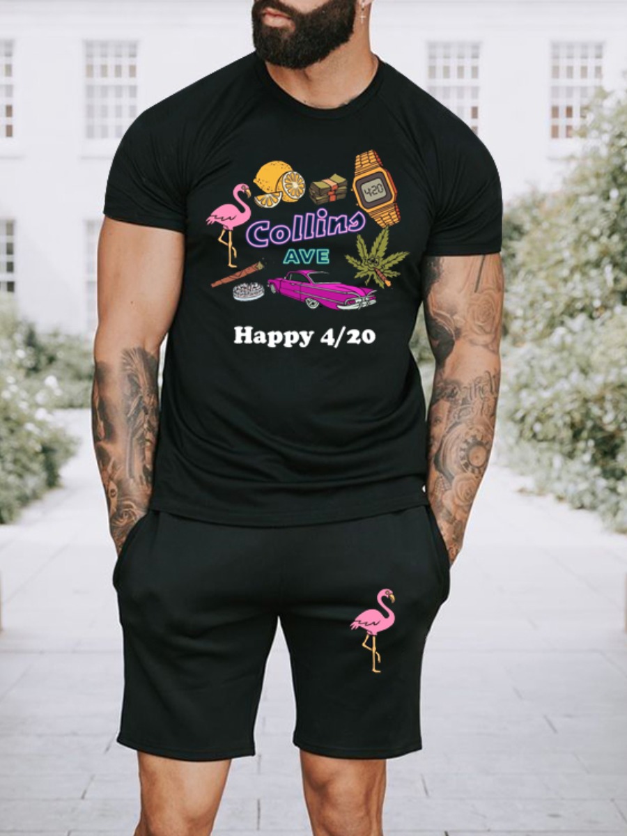 

Lovely Men Casual Car Letter Print Black Two Piece Shorts Set