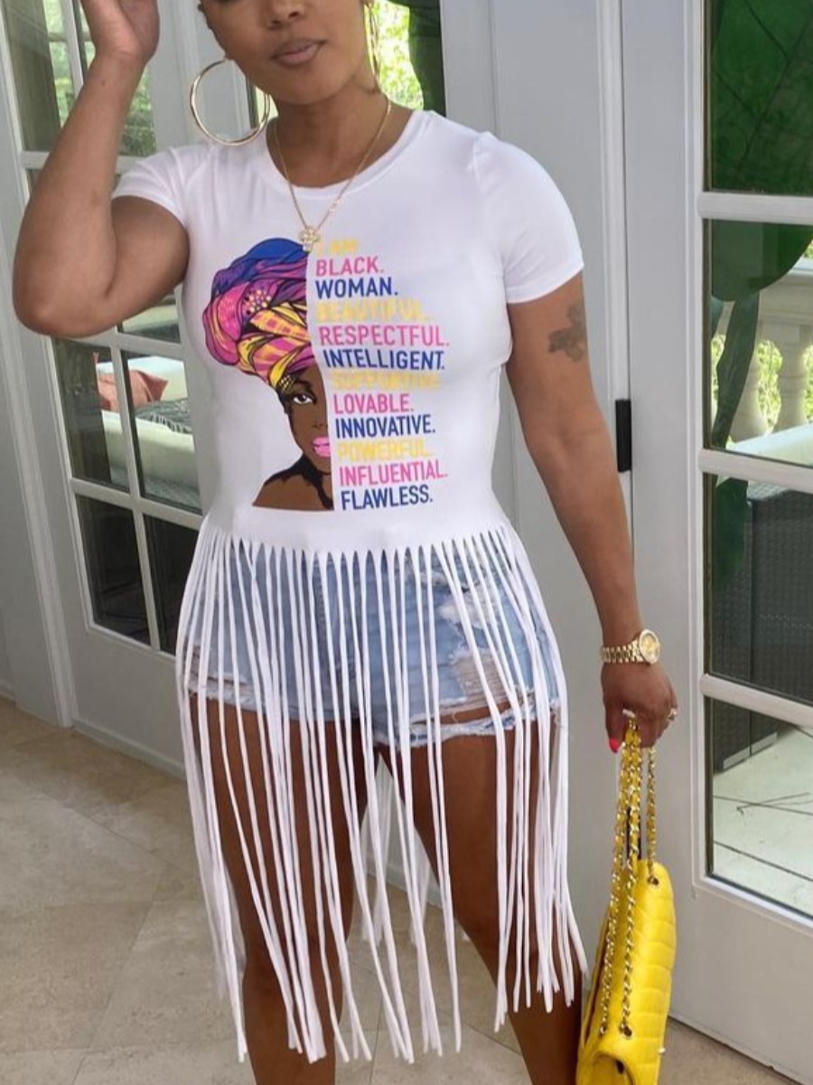 

Lovely Street Letter Print Tassel Design White T-shirt