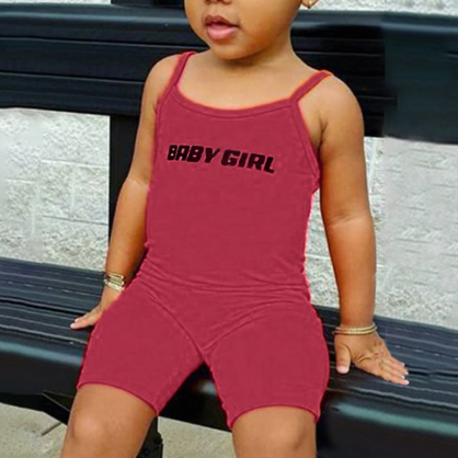 

LW COTTON Girl Sporty Letter Print Elastic Wine Red One-piece Romper