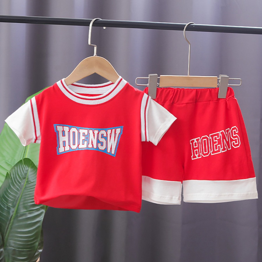 

Lovely Boy Sporty Letter Print Striped Red Two Piece Shorts Set
