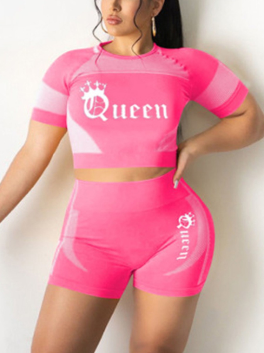 

Lovely Plus Size Sporty Letter Print Patchwork Rose Red Two-piece Shorts Set