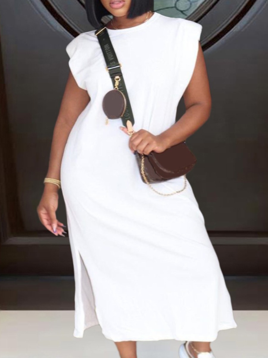 

Lovely Plus Size Casual O Neck Split White Mid Calf Dress
