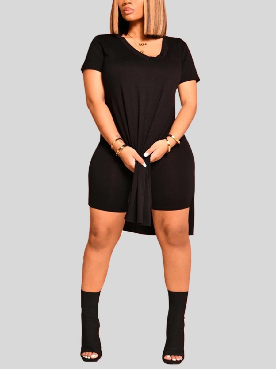 Lovely Plus Size Casual O Neck Split Carbon Black Two-piece Shorts Set