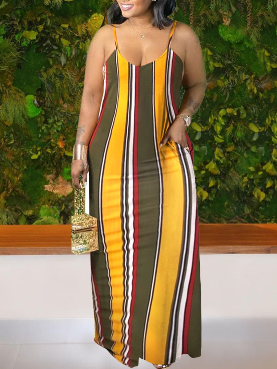 

Lovely Plus Size Boho U Neck Striped Yellow Floor Length Dress