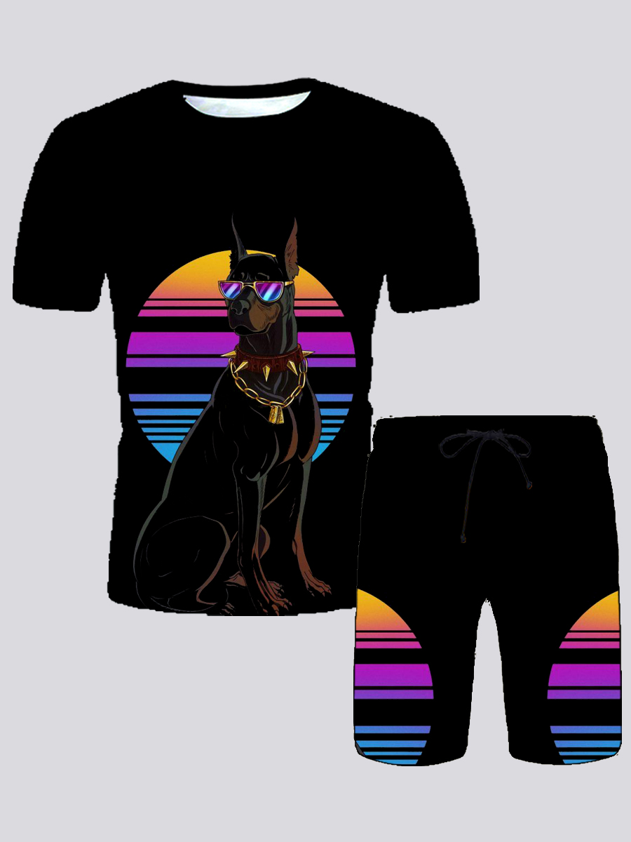 

Lovely Men Street Dog Print Drawstring Black Two Piece Shorts Set