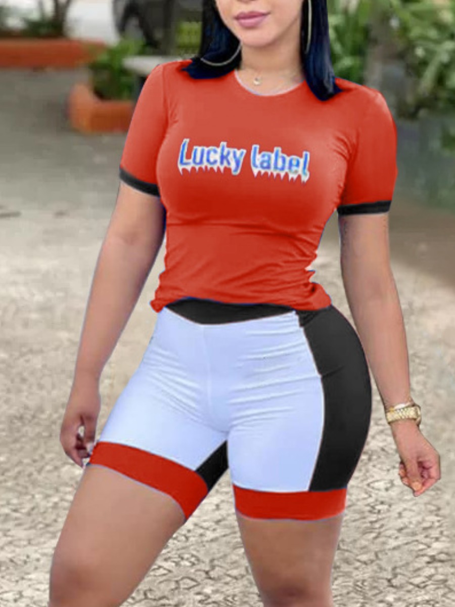 

LW Sporty Letter Print Patchwork Red Two Piece Shorts Set