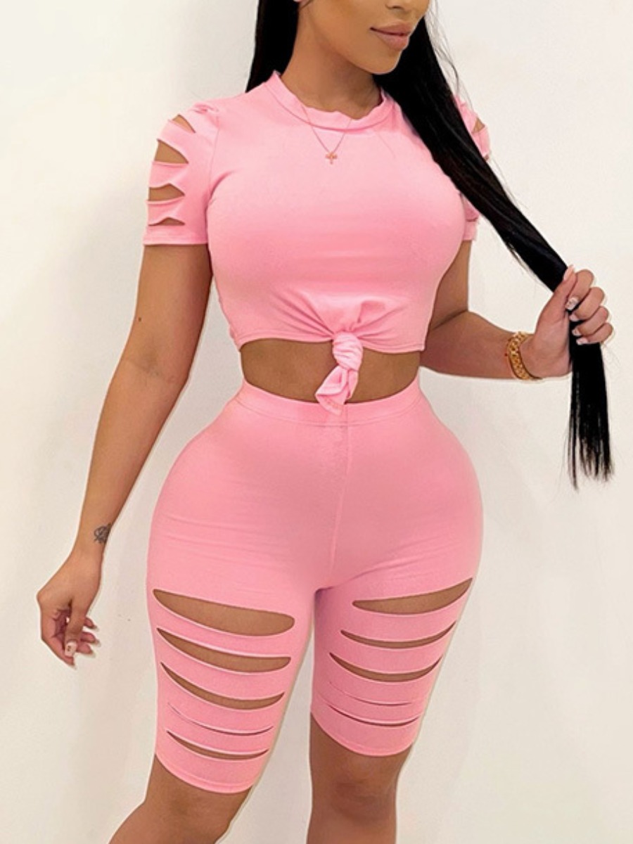 

Lovely Street O Neck Ripped Pink Two Piece Shorts Set