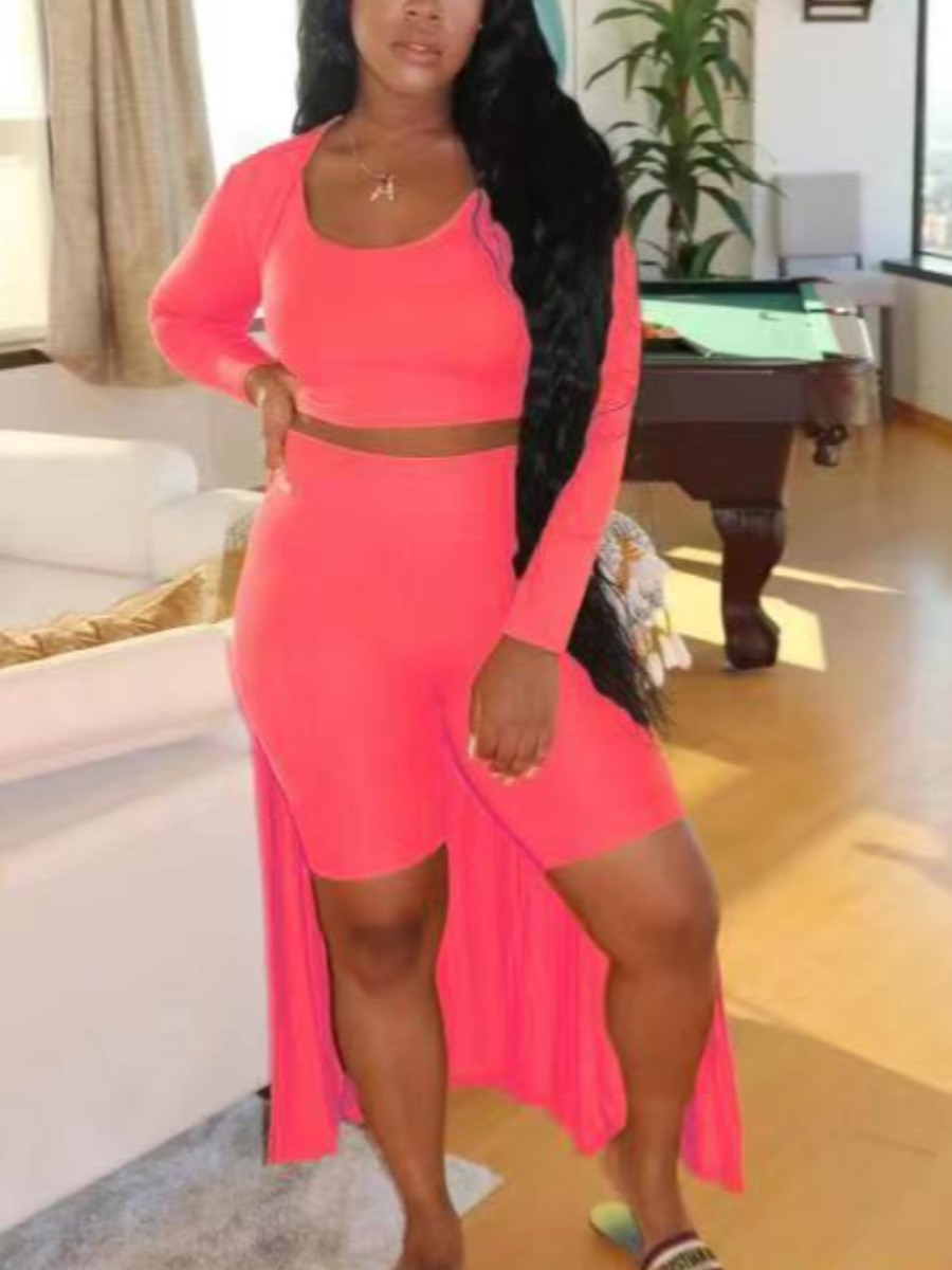 

Lovely Plus Size Casual U Neck Elastic Pink Three-piece Shorts Set