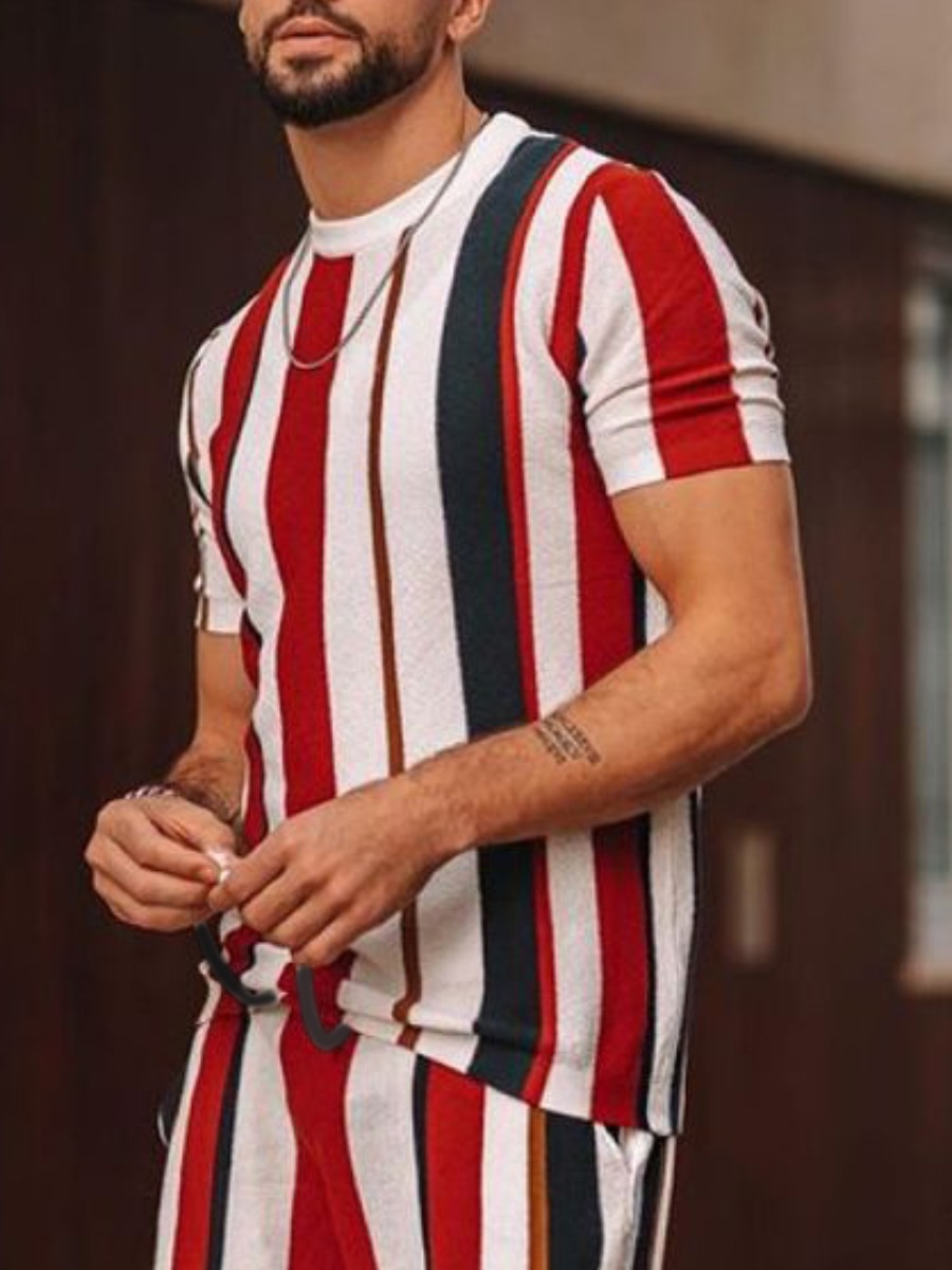 

Lovely Men Casual Striped Drawstring White Two Piece Shorts Set