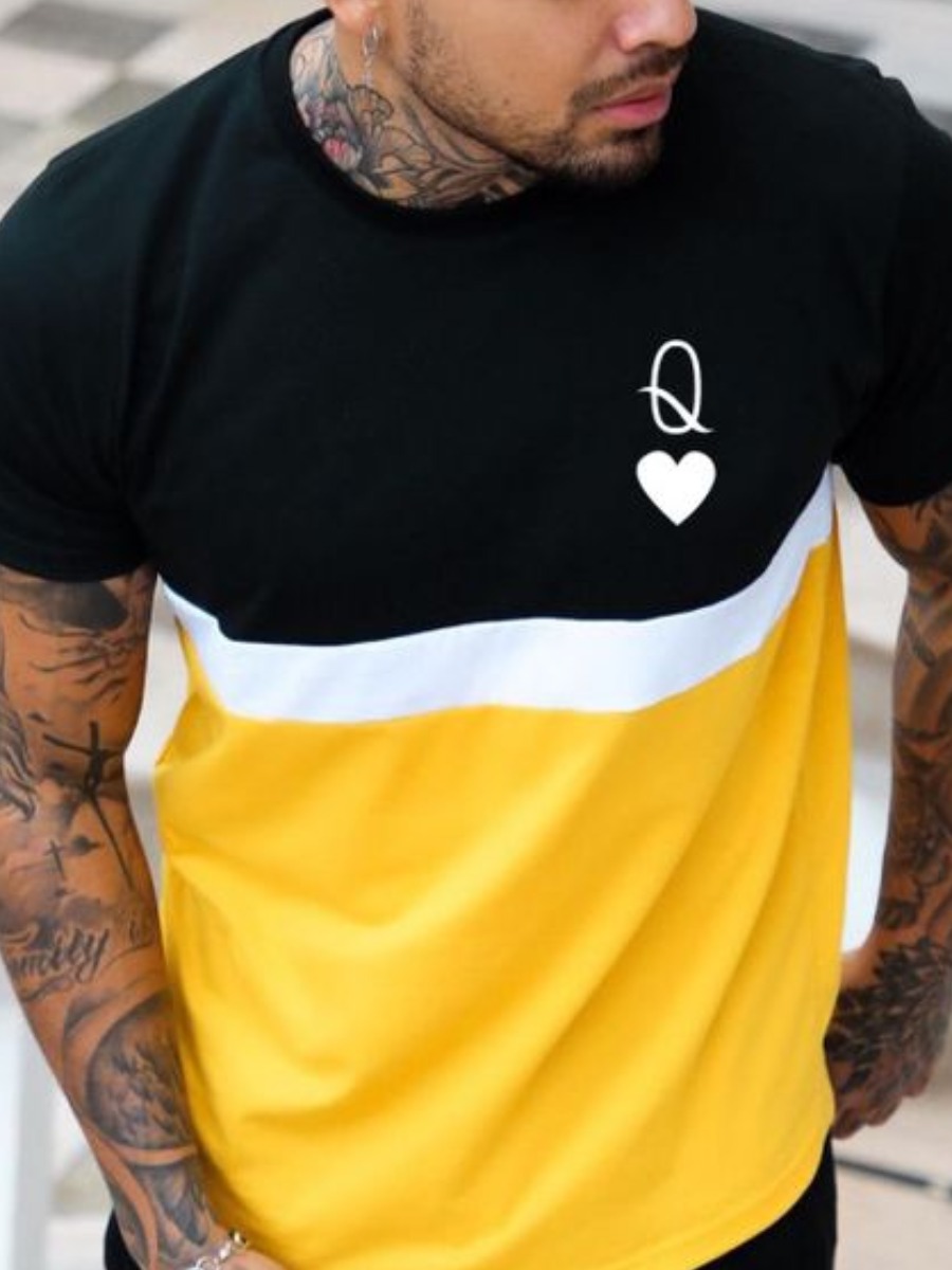 LovelyWholesale Men Casual Color-lump Patchwork Yellow T-shirt Summer Short Sleeve Casual Patchwork Round Neck Spring Summer 2024