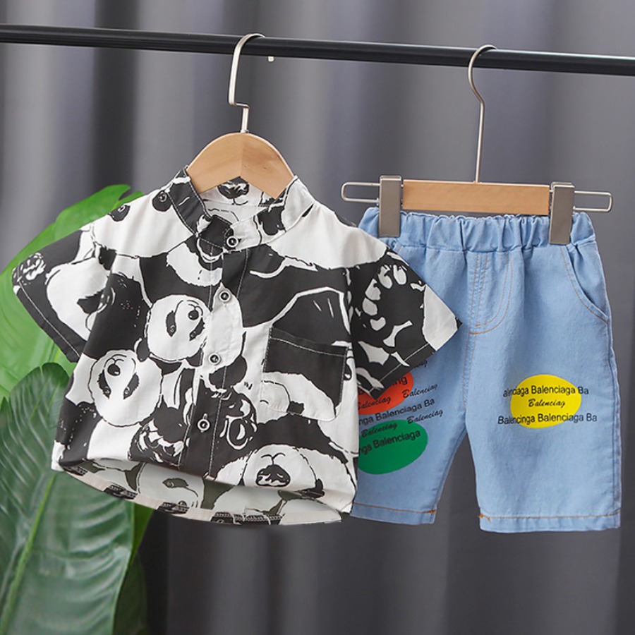 

Lovely Boy Casual Panda Letter Print White Two Piece Shorts Set