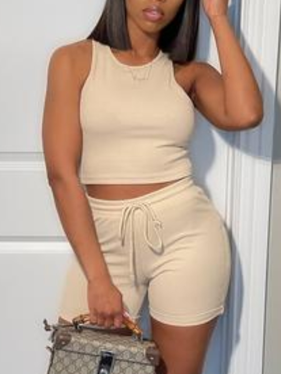 

Lovely Casual O Neck Drawstring Beige Two Piece Shorts Set