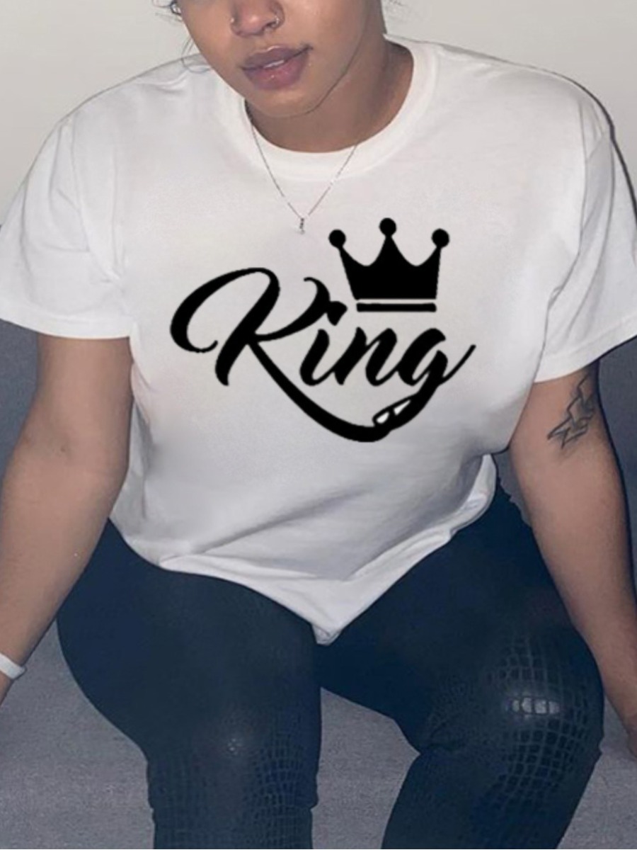 

Lovely Plus Size Casual Crown Letter Print White T-shirt