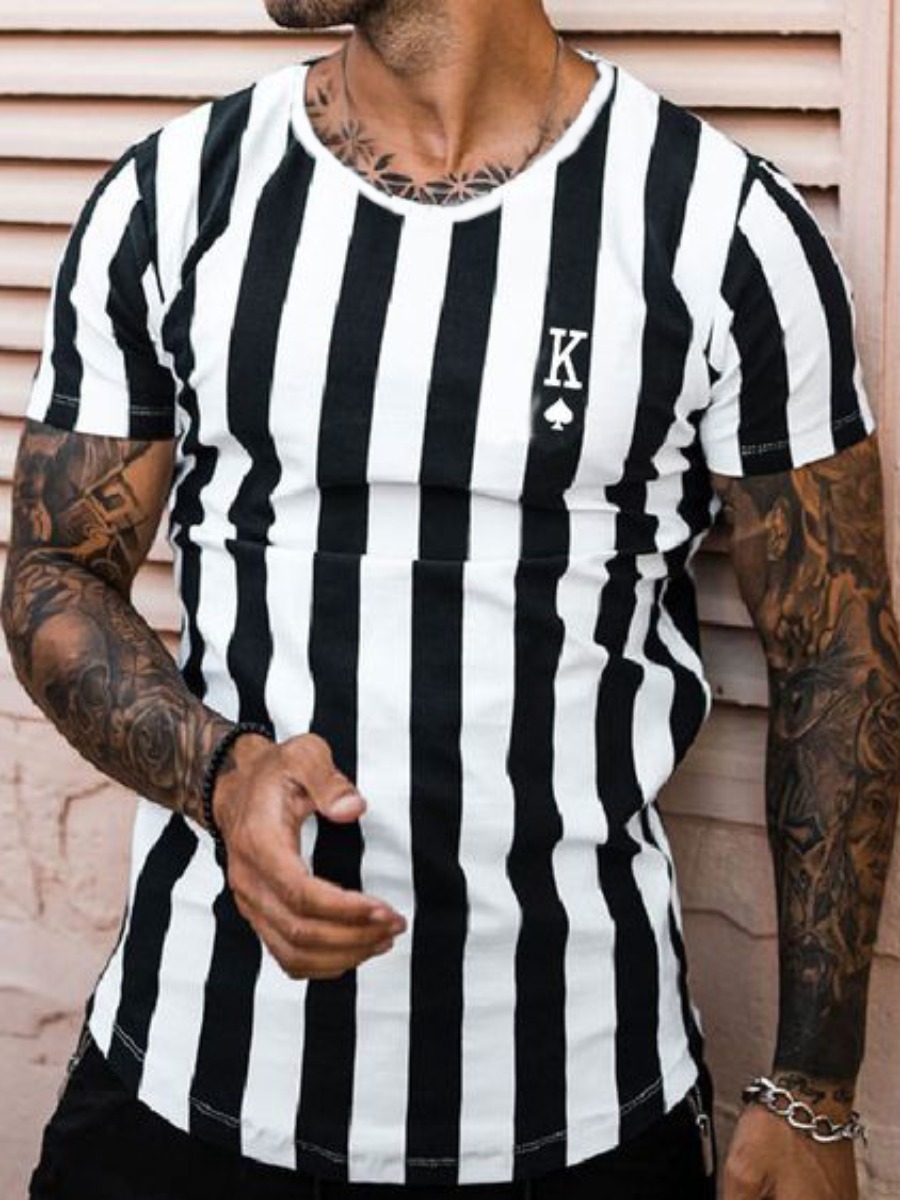 

Lovely Men Casual Letter Print Striped Grey T-shirt