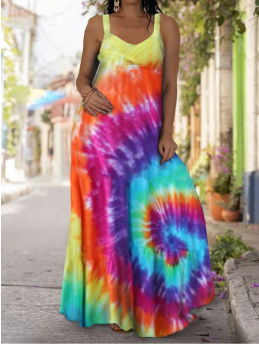 

Lovely Plus Size Boho U Neck Tie-dye Multicolor Floor Length Dress, Multi