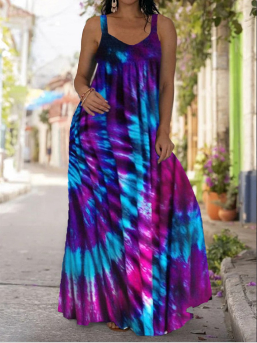 

Lovely Boho U Neck Tie-dye Blue Floor Length Plus Size Dress