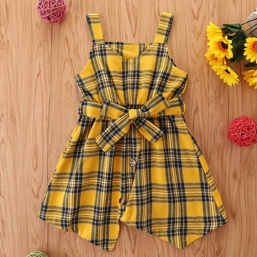 

Lovely Girl Casual Plaid Print Bandage Design Yellow Knee Length Dress