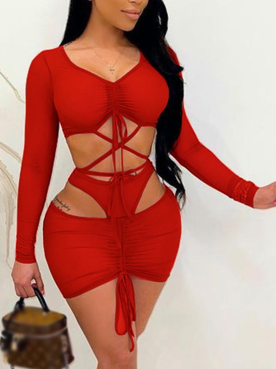 

Lovely Sexy Bandage Hollow-out Design Red Three Piece Skirt Set