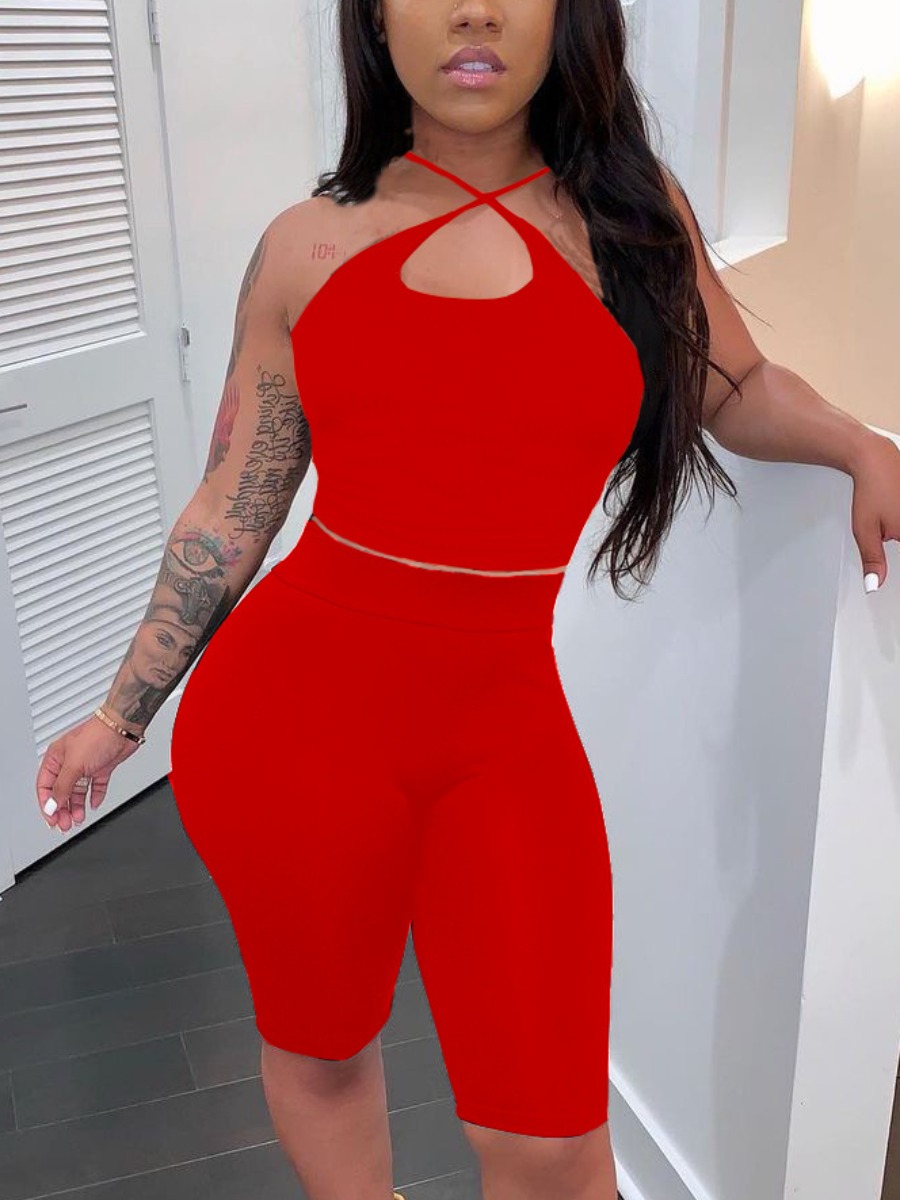 

Lovely Casual Cross Strap Basic Skinny Red Two Piece Shorts Set