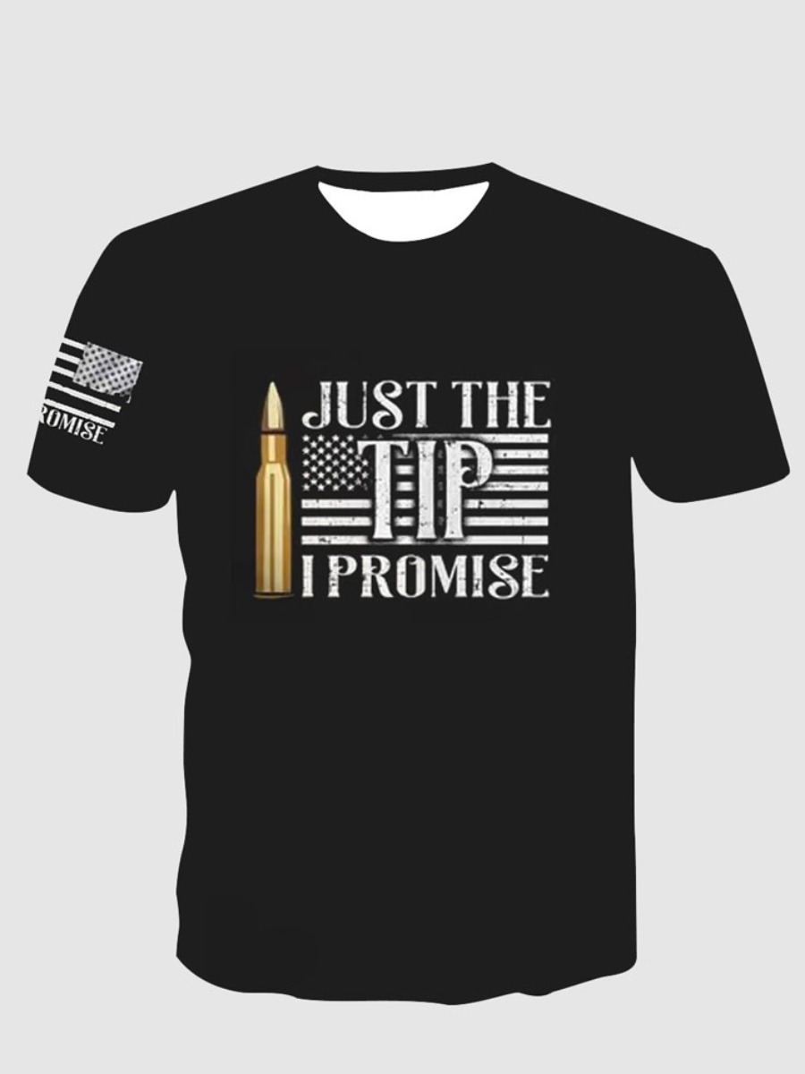 

Lovely Polyester Casual Mixed printing Regular sleeve Letter Straight Short Sleeve Round Neck Independence Day Positioning Print T, Black