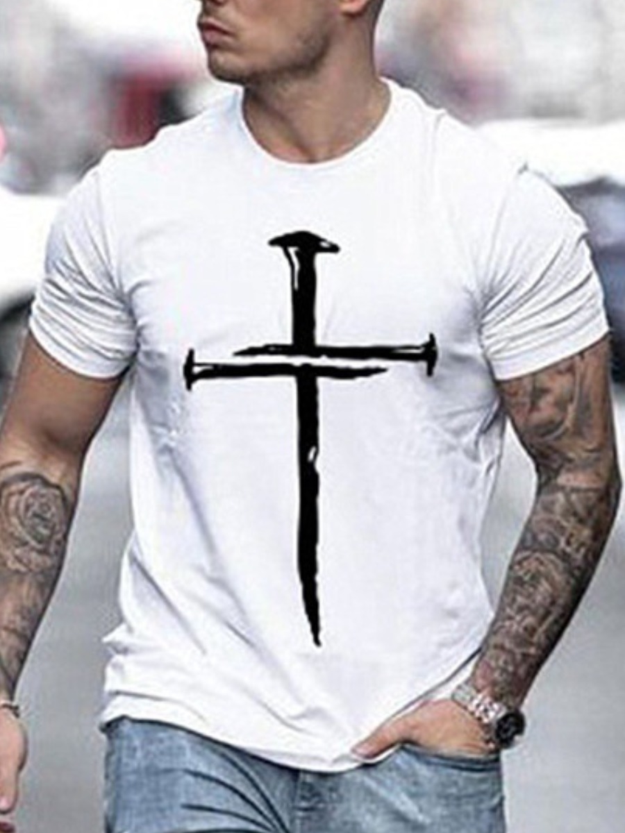 

Lovely Men Casual O Neck Nail Print White T-shirt