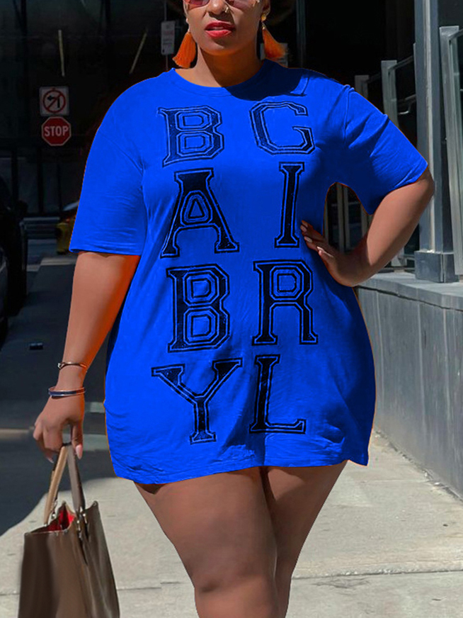

LW Casual O Neck Letter Print Blue Mini Plus Size Dress