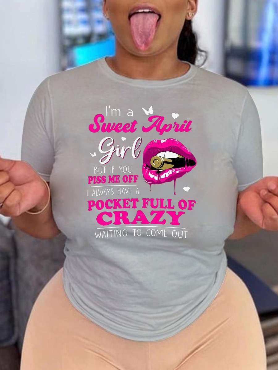 

Lovely Casual Lip Letter Print Grey Plus Size T-shirt