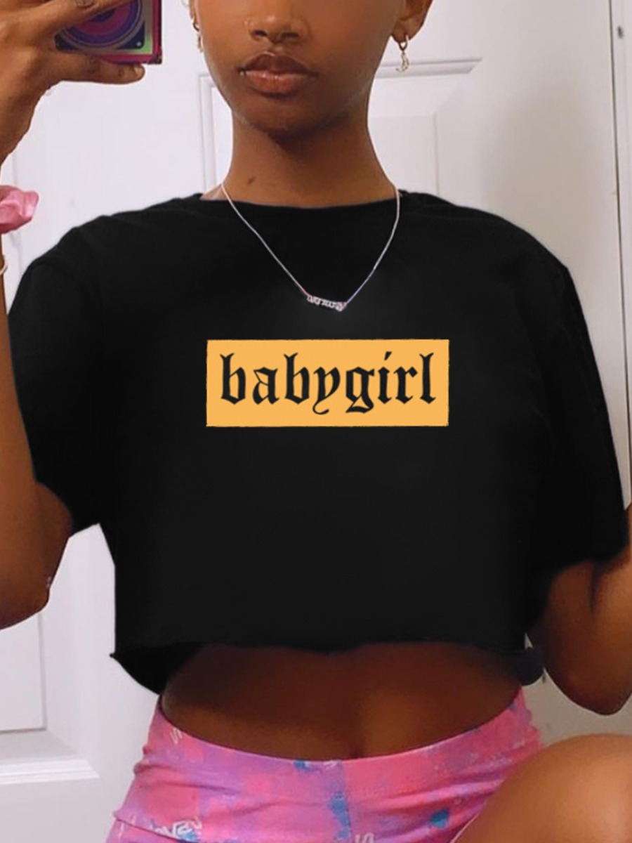 

Lovely Casual O Neck Letter Print Black T-shirt