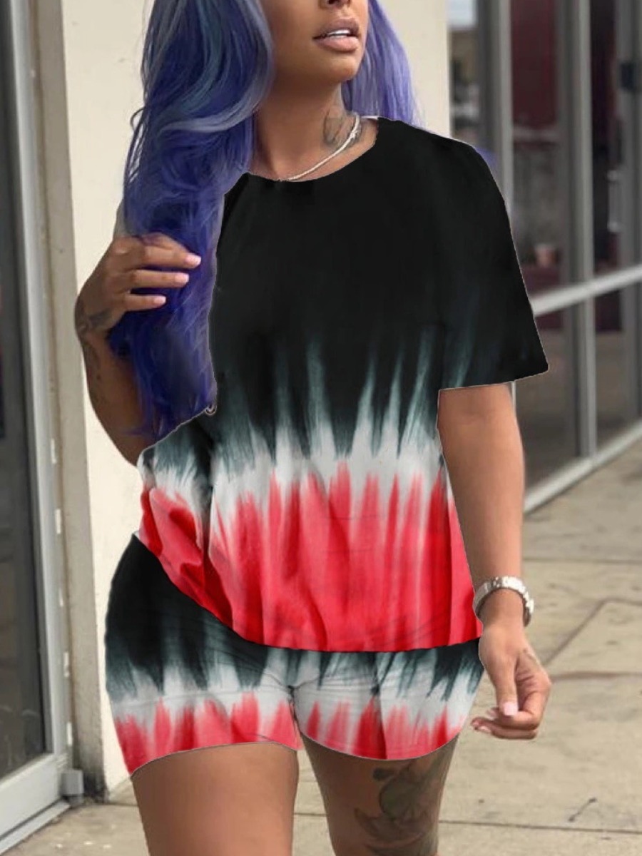 

Lovely Street O Neck Tie Dye Red Two Piece Shorts Set