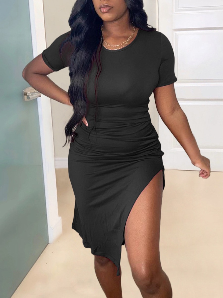 

Lovely Casual O Neck Split Black Knee Length Dress