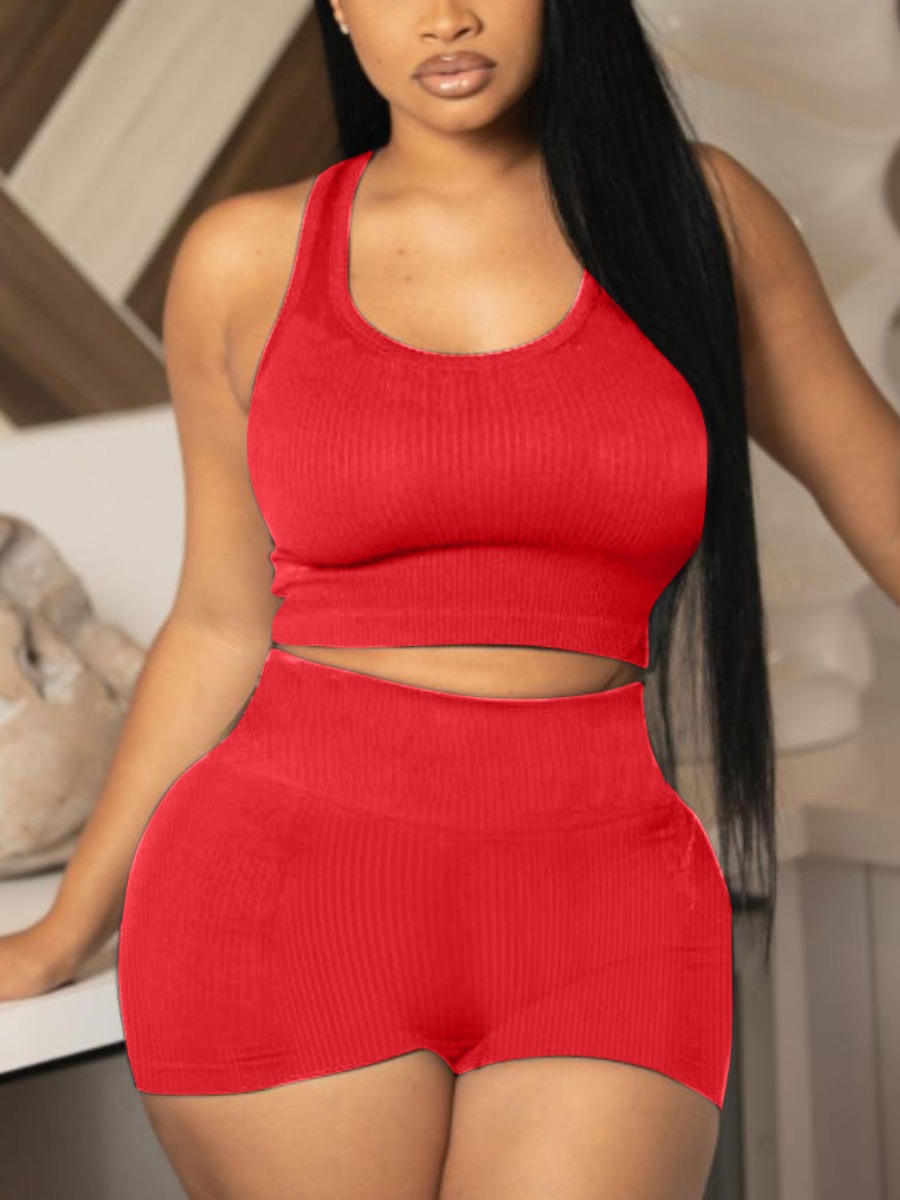 

LW Casual U Neck Rib-Knit Red Two Piece Shorts Set