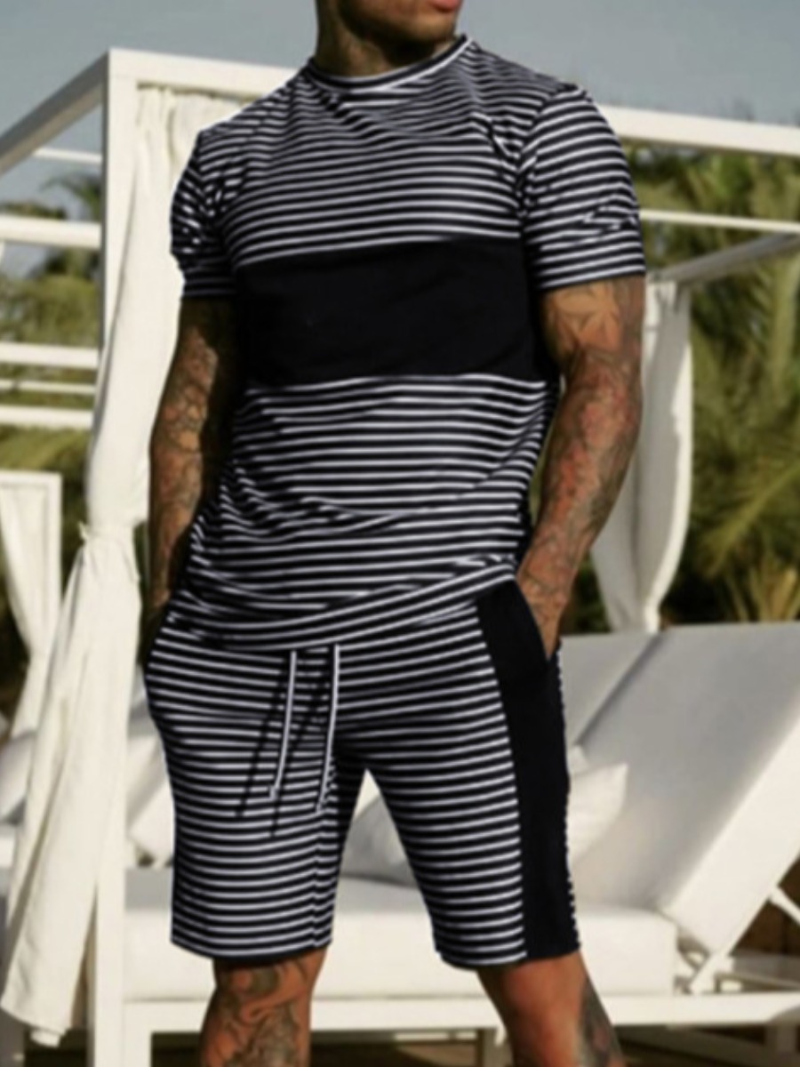 

Lovely Men Casual Striped Drawstring Black Two Piece Shorts Set