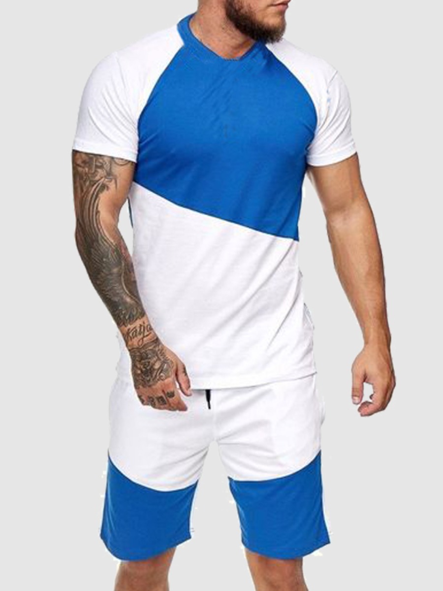 

Lovely Men Sporty Color-lump Drawstring Blue Two Piece Shorts Set