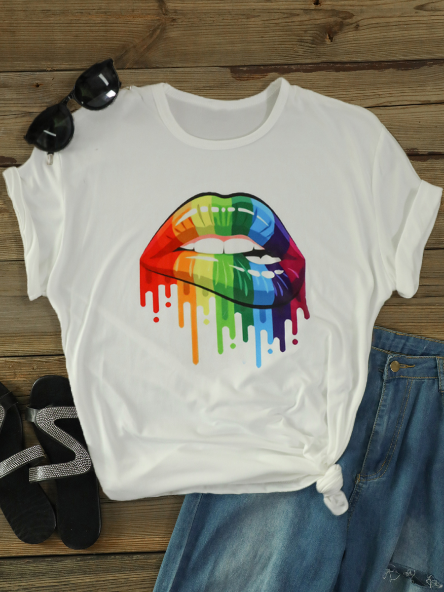 

Lovely Casual O Neck Lip Print White Plus Size T-shirt