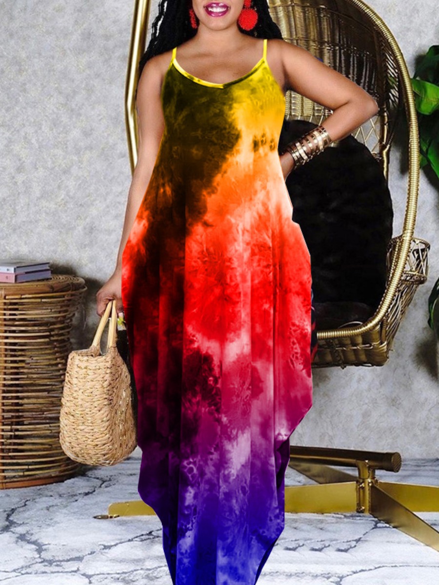 

Lovely Boho V Neck Tie-dye Orange Floor Length Dress