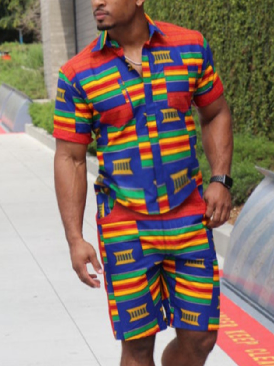 

Lovely Men Casual Turndown Collar Geometric Print Multicolor Two Piece Shorts Set, Multi