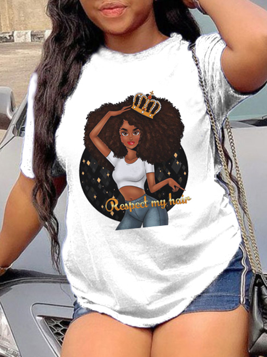 

Lovely Street Figure Letter Print White Plus Size T-shirt
