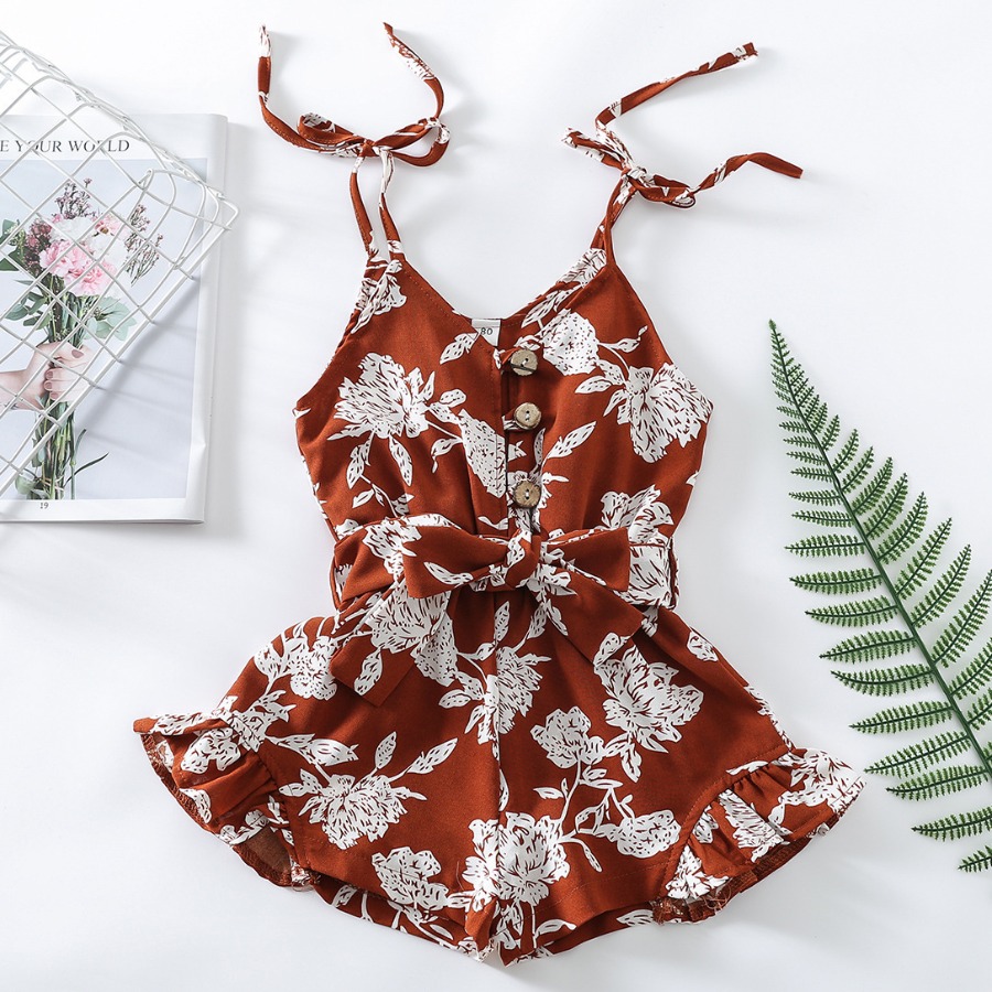 

Lovely Girl Casual Floral Print Ruffle Bandage Design Brown One-piece Romper
