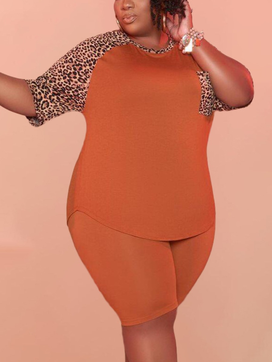 

Lovely Casual O Neck Leopard Print Croci Plus Size Two-piece Shorts Set