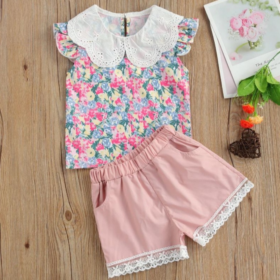 

Lovely Girl Sweet Lace Floral Print Pink Two Piece Shorts Set