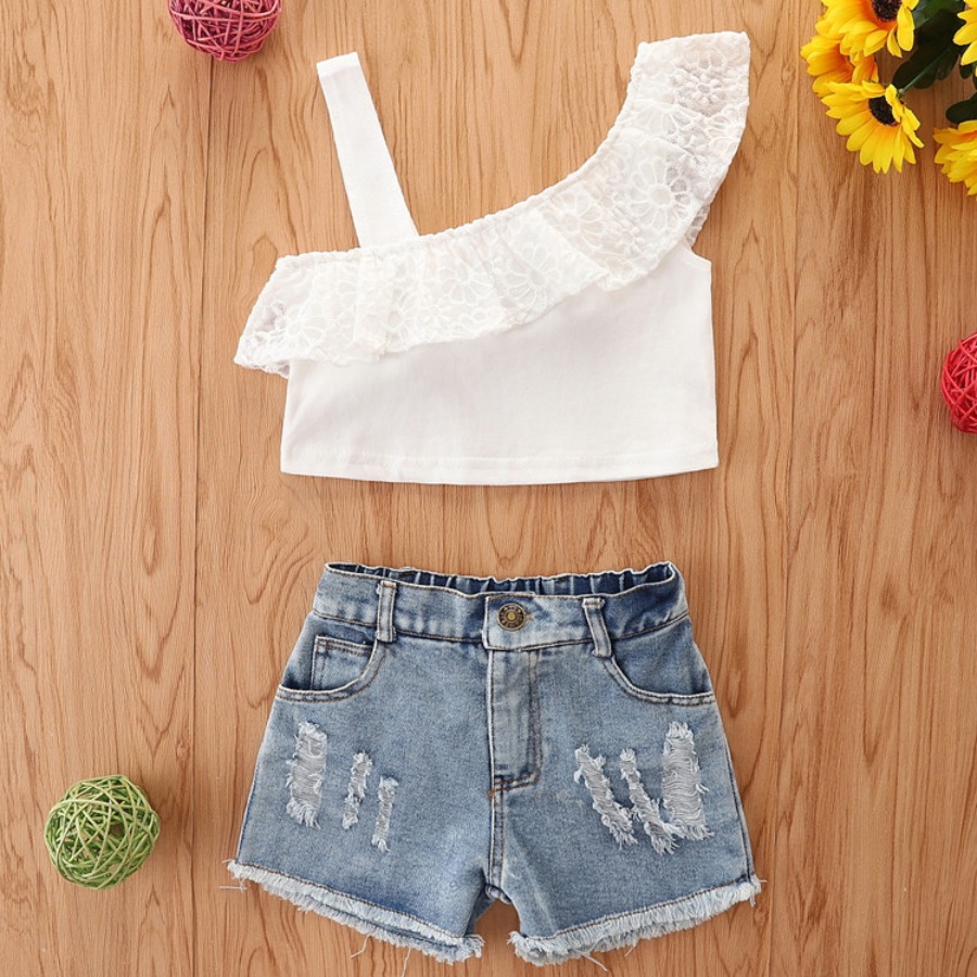 

Lovely Girl Casual Fold-over Ripped White Two Piece Shorts Set